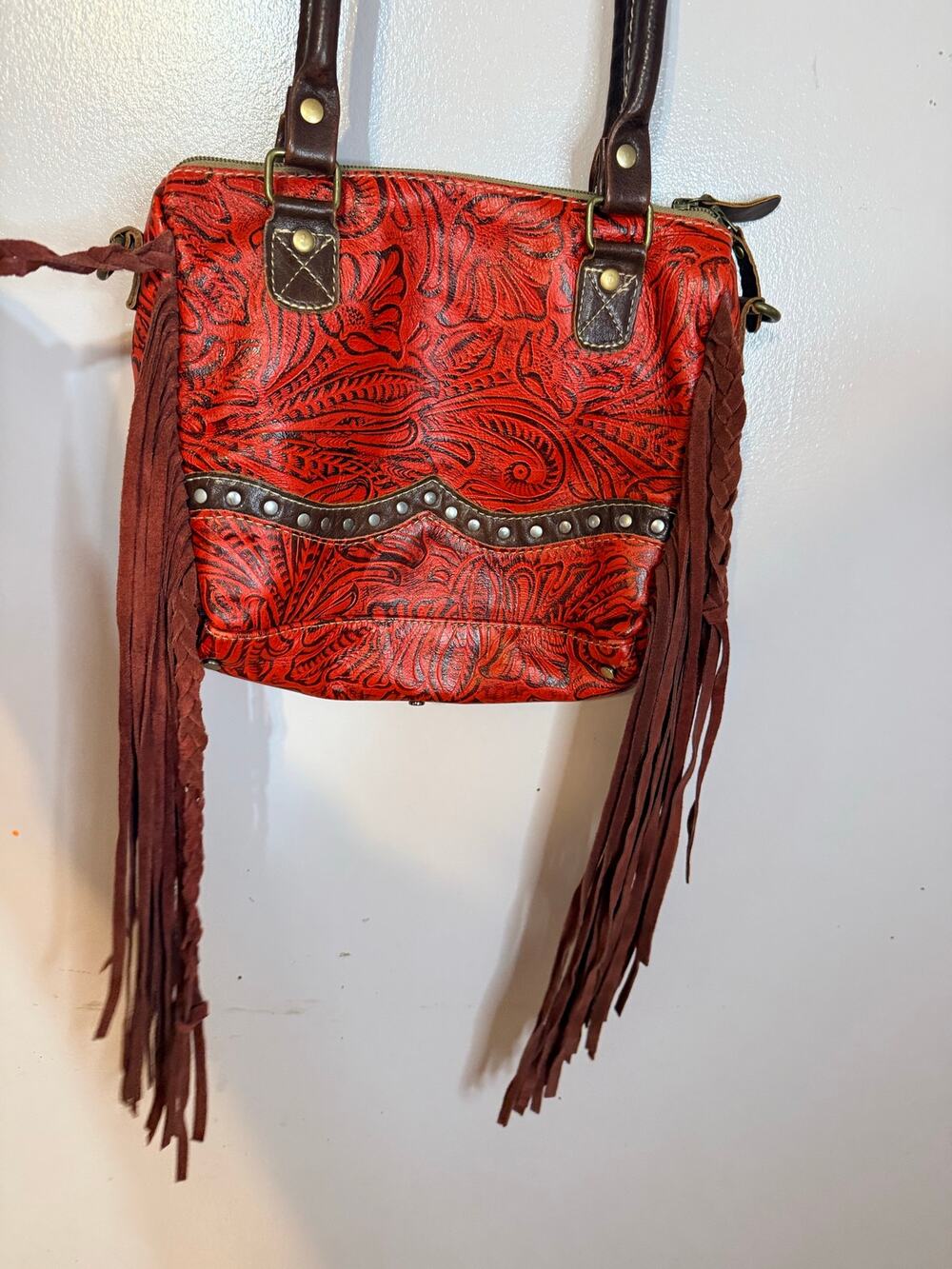 Myra CONCEALED CARRY Cherry Blood Red Leather Fringe Western Shoulder Bag good